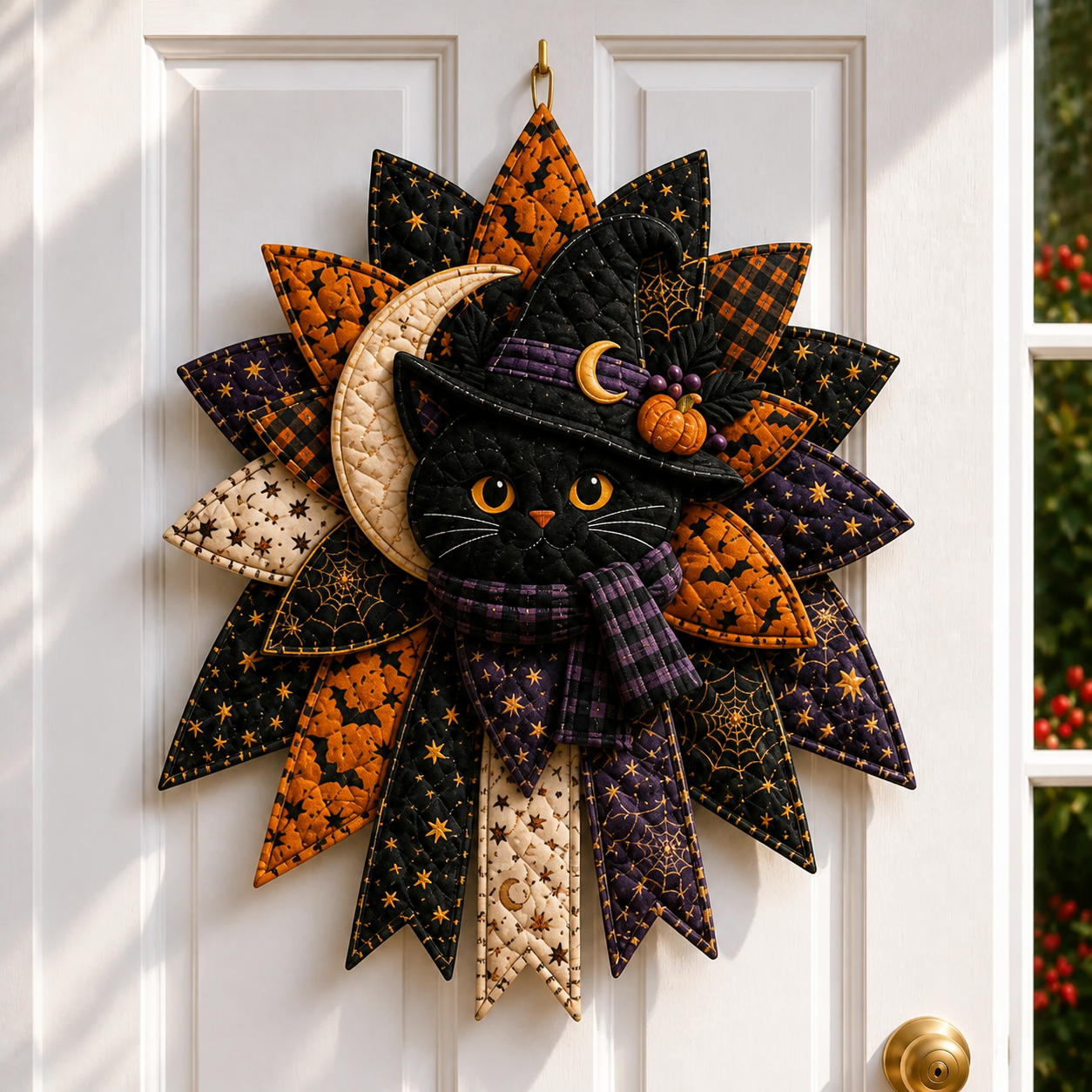 ⏳ Last Day 49% OFF – 🎃 Halloween Quilted Door Wreath | Pumpkin, Ghost, Black Cat, Bat & Witch Gnome Hanging Decoration for Front Door & Fall Home Décor 👻-HandPrint