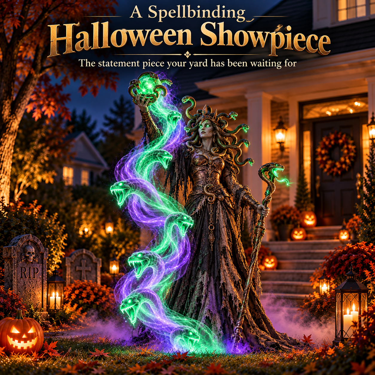 🐍💚 Serpent Queen Lighted Halloween Yard Decor – A Spellbinding Outdoor Showpiece-HandPrint