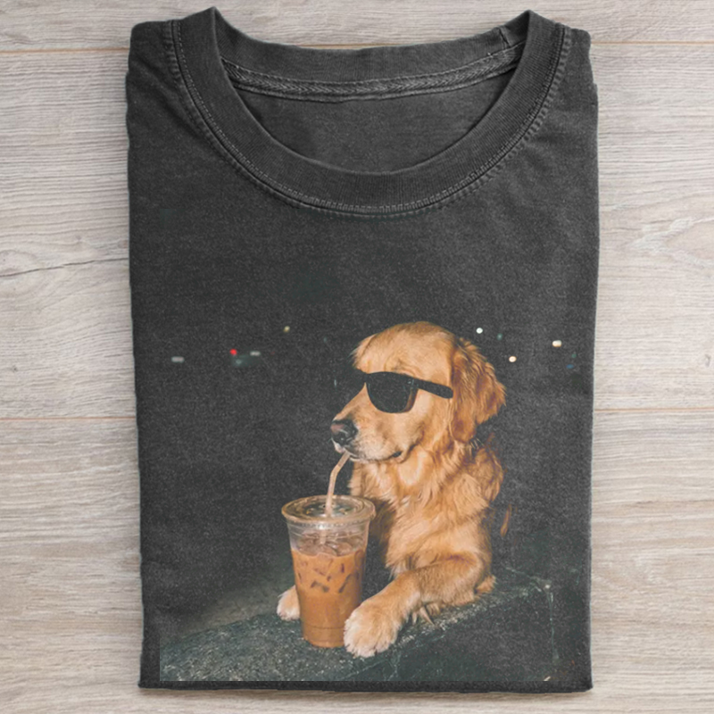 Golden Retriever Drinking Iced Coffee T-shirt-NaturexCraft