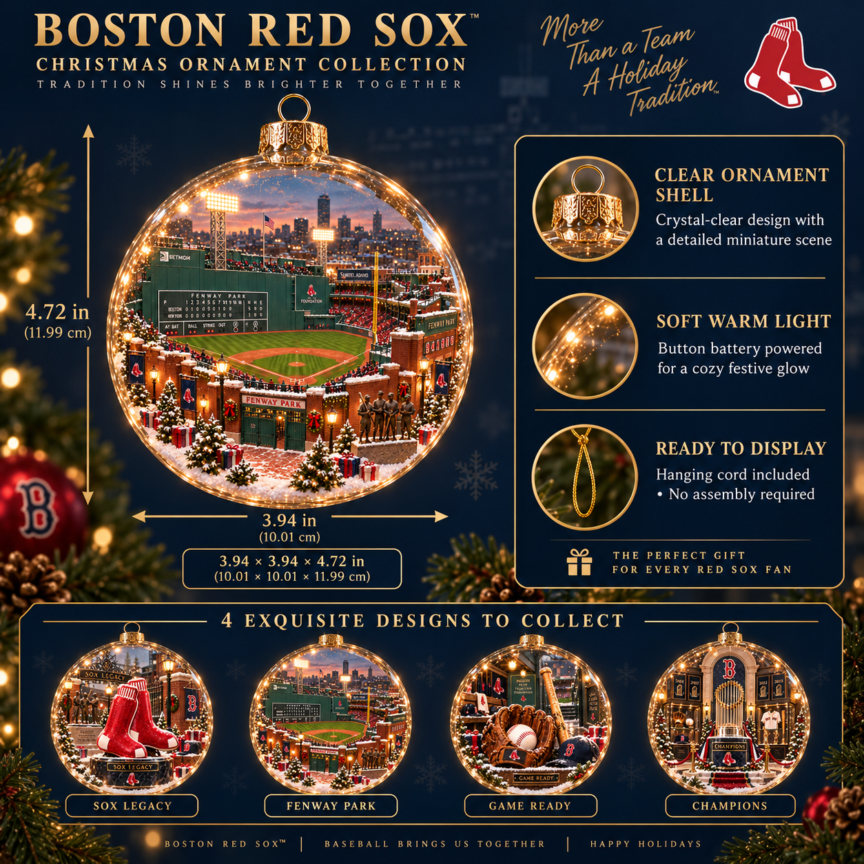 🎄 Go Sox — Light-Up Baseball Diorama Ornament-HandPrint