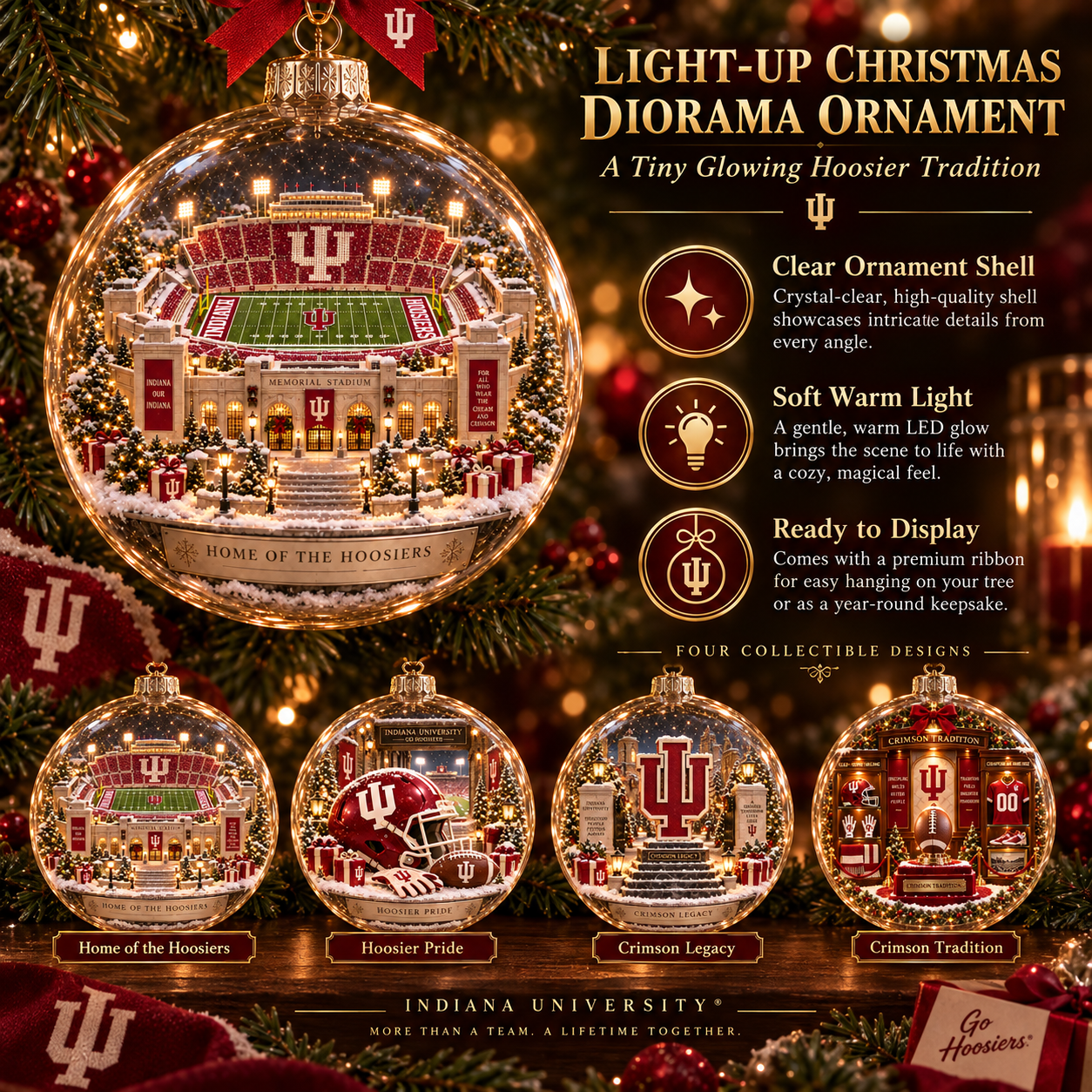 🎄 Go Hoosiers — Light-Up College Football Diorama Ornament-HandPrint