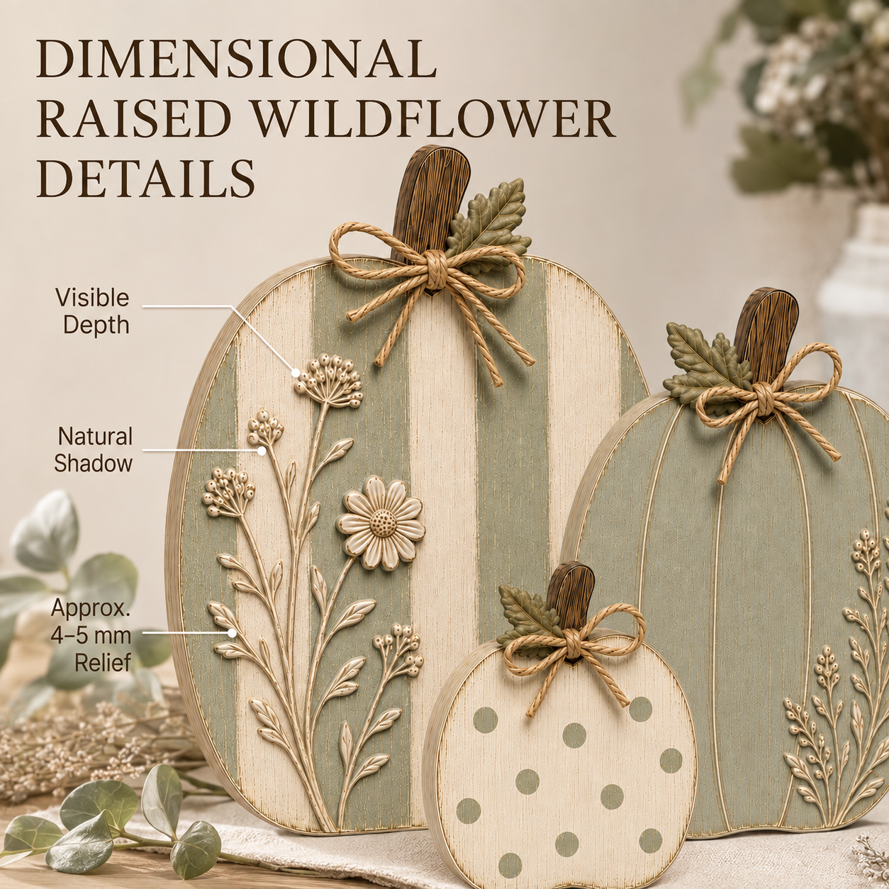 Sage & Cream Raised Wildflower Solid Wood Pumpkin Trio-HandPrint
