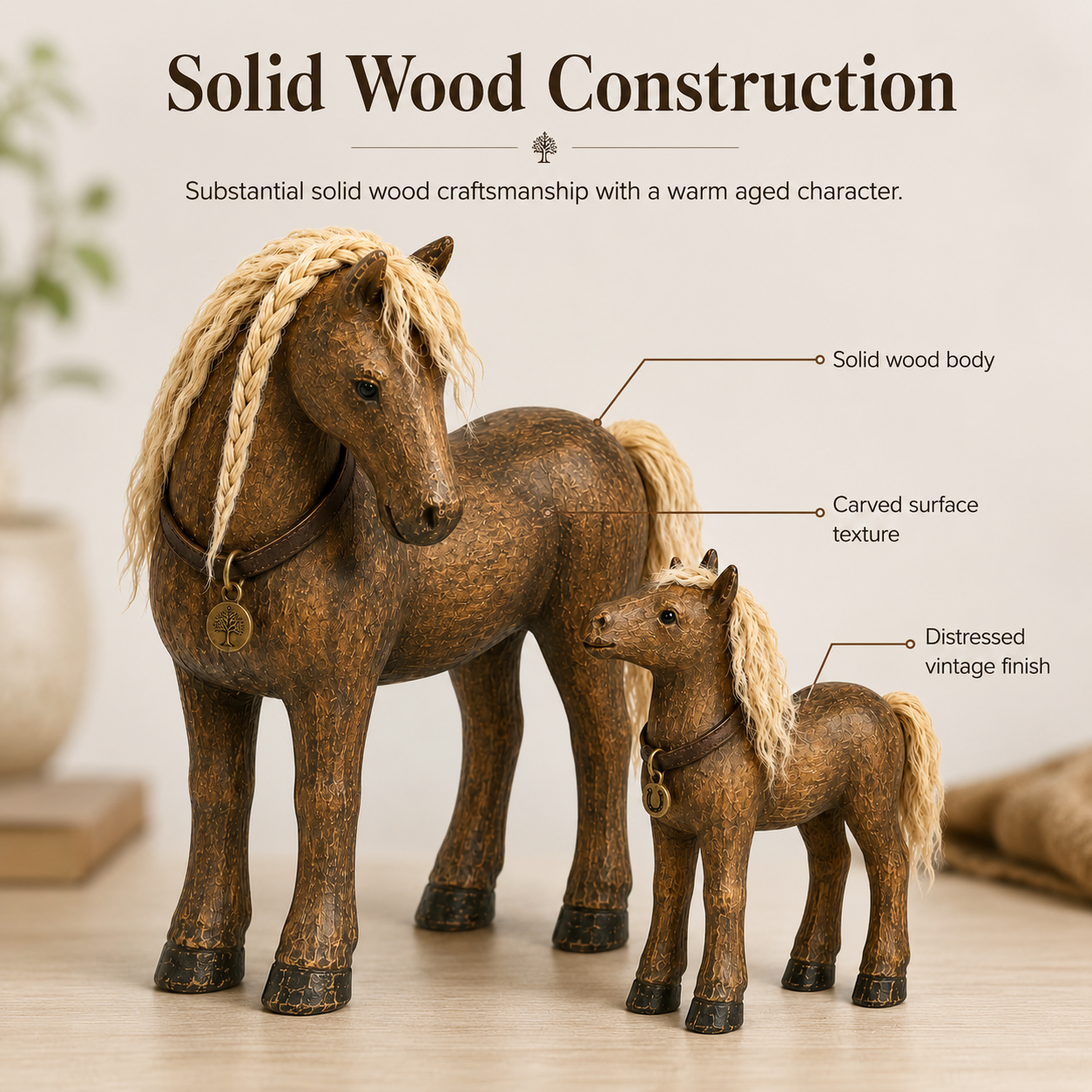 Vintage Mother & Foal Solid Wood Horse Figurine-HandPrint