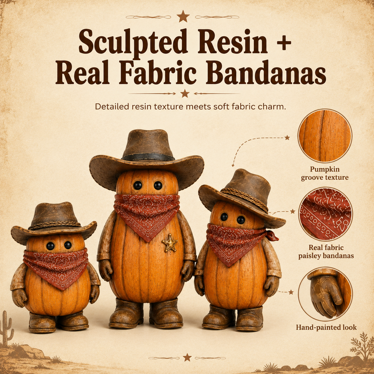 The Pumpkin Posse – Vintage Western Pumpkin Cowboy Figurines, Set of 3-HandPrint