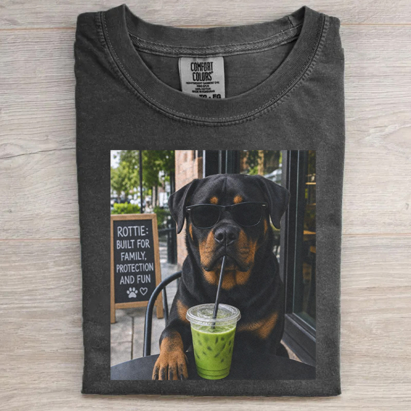 Cool Rottweiler Dog Drinking Matcha T-shirt-NaturexCraft