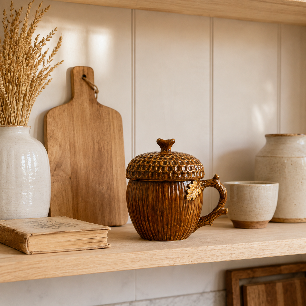 Acorn Lidded Mug with Oak Leaf & Branch Handle-HandPrint