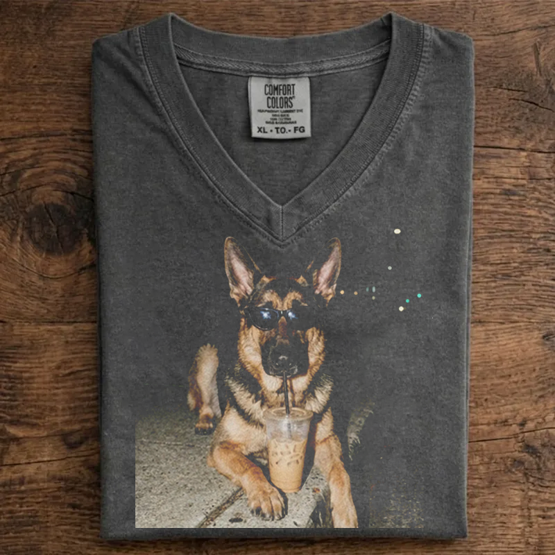 German Shepherd Drinking Iced Coffee V-neck T-shirt-NaturexCraft