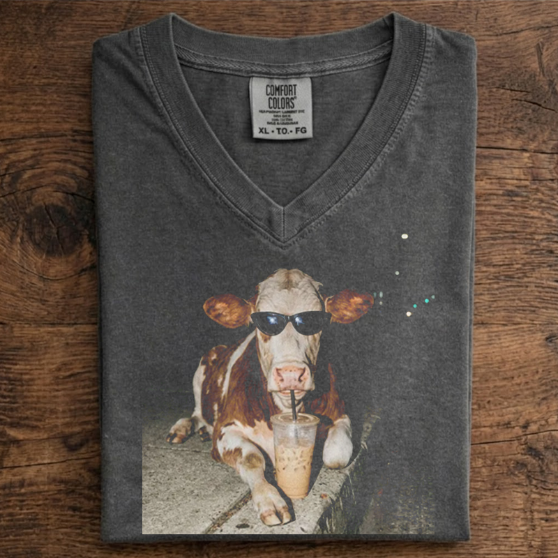 Cow Drinking Iced Coffee V-neck T-shirt-NaturexCraft