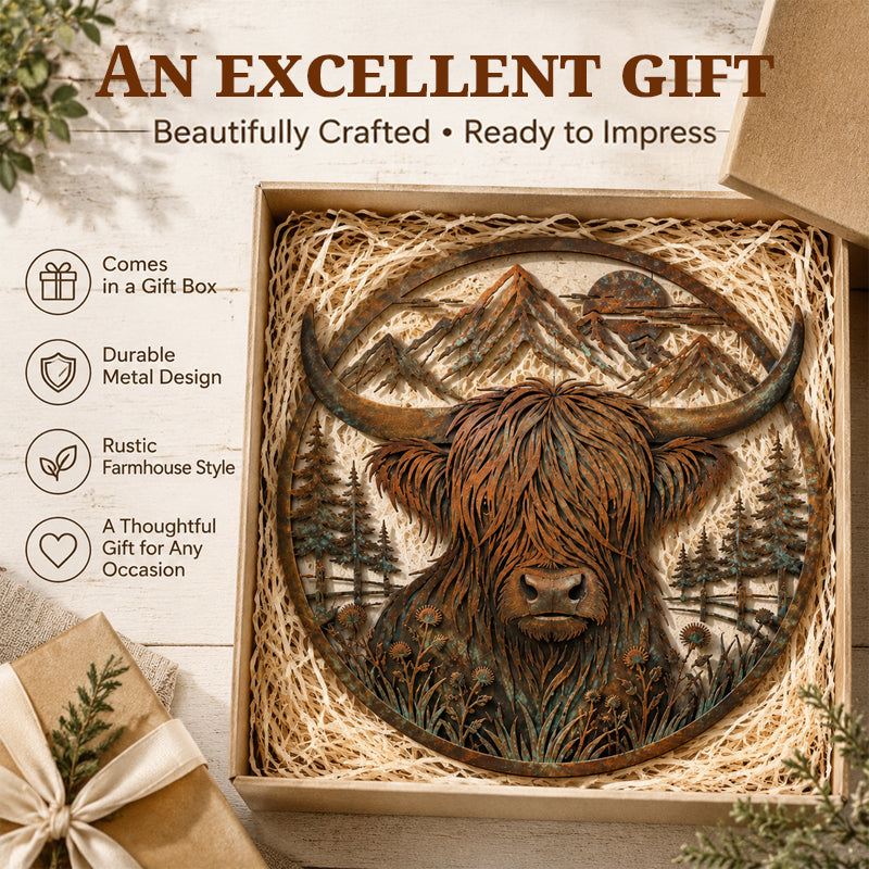 Highland Cow Mountain Scene Metal Wall-HandPrint