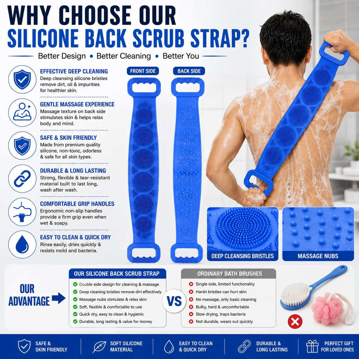 🧼Silicone Back Scrubber for Bath, Double-Sided Body Exfoliating Bath Brush with Soft Silicone Bristles-HandPrint