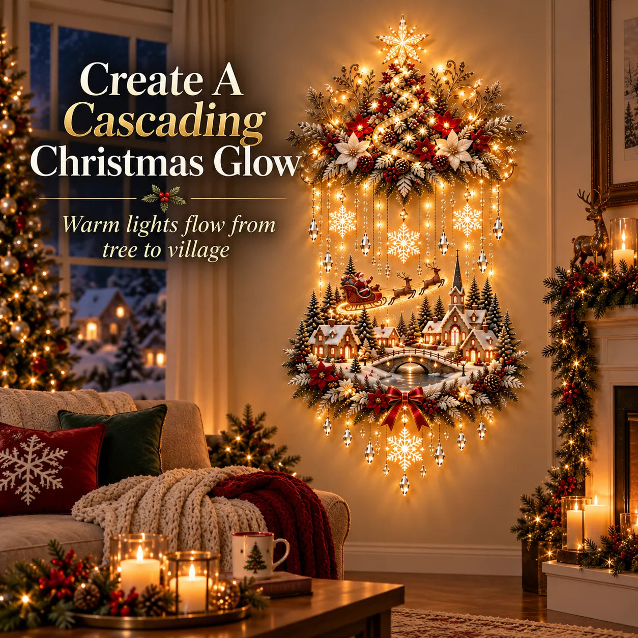 🎄 Illuminated Christmas Tree & Village Wall Hanging | Cascading Warm Lights for Living Rooms, Entryways & Staircases ✨-HandPrint