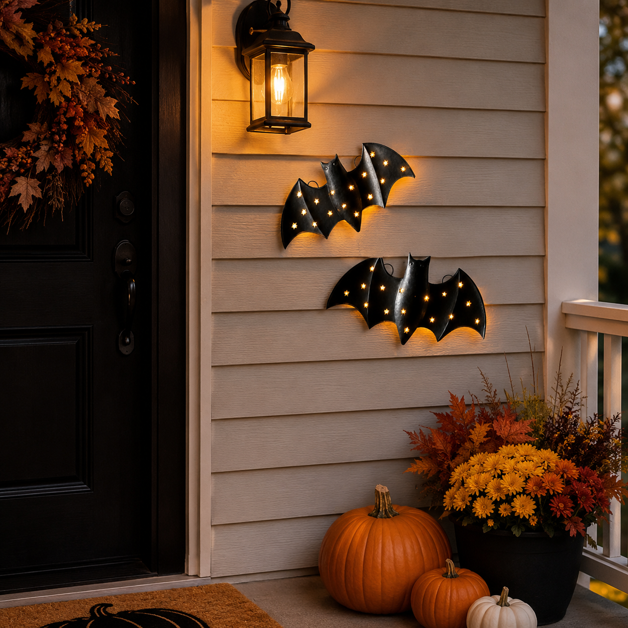 1pcs / Lighted Metal Bat Wall Decor -- 7.9 x 3.9 in Black Iron Bat Wall Hanging with Warm LED Glow-HandPrint