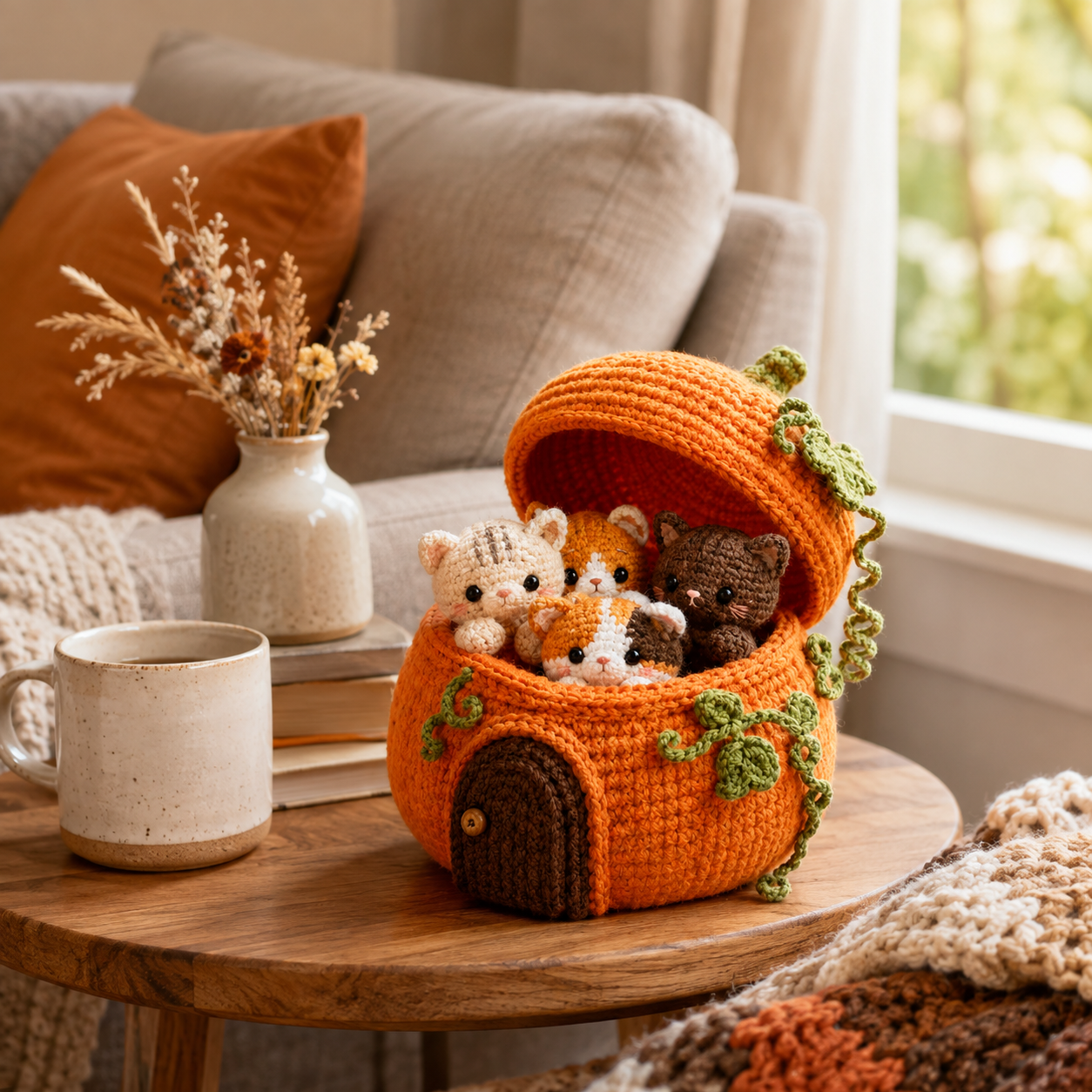 Crochet Pumpkin Cat House with 4 Kittens – Cute Fall & Halloween Home Decor, Cozy Cat Lover Gift 🐱🍂-HandPrint