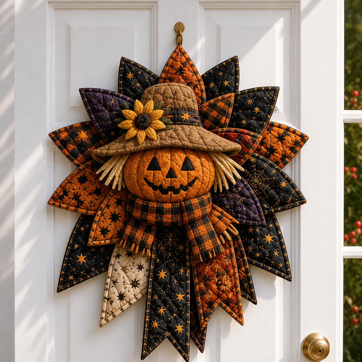⏳ Last Day 49% OFF – 🎃 Halloween Quilted Door Wreath | Pumpkin, Ghost, Black Cat, Bat & Witch Gnome Hanging Decoration for Front Door & Fall Home Décor 👻-HandPrint