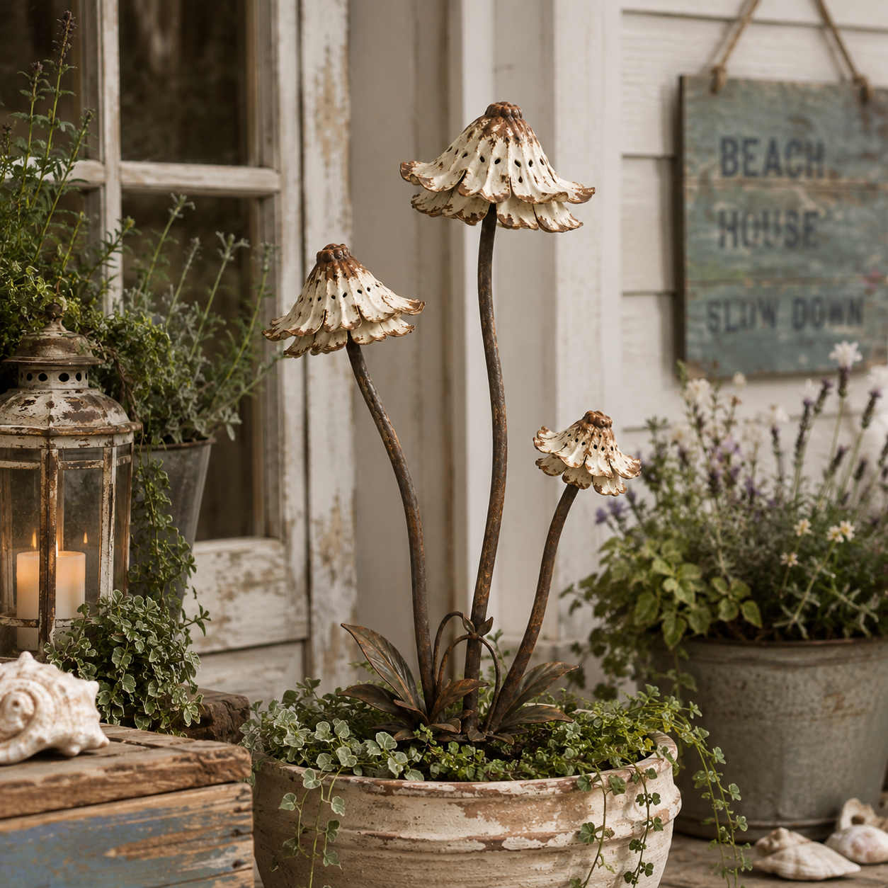 Vintage Distressed Metal Flower Garden Stake-HandPrint