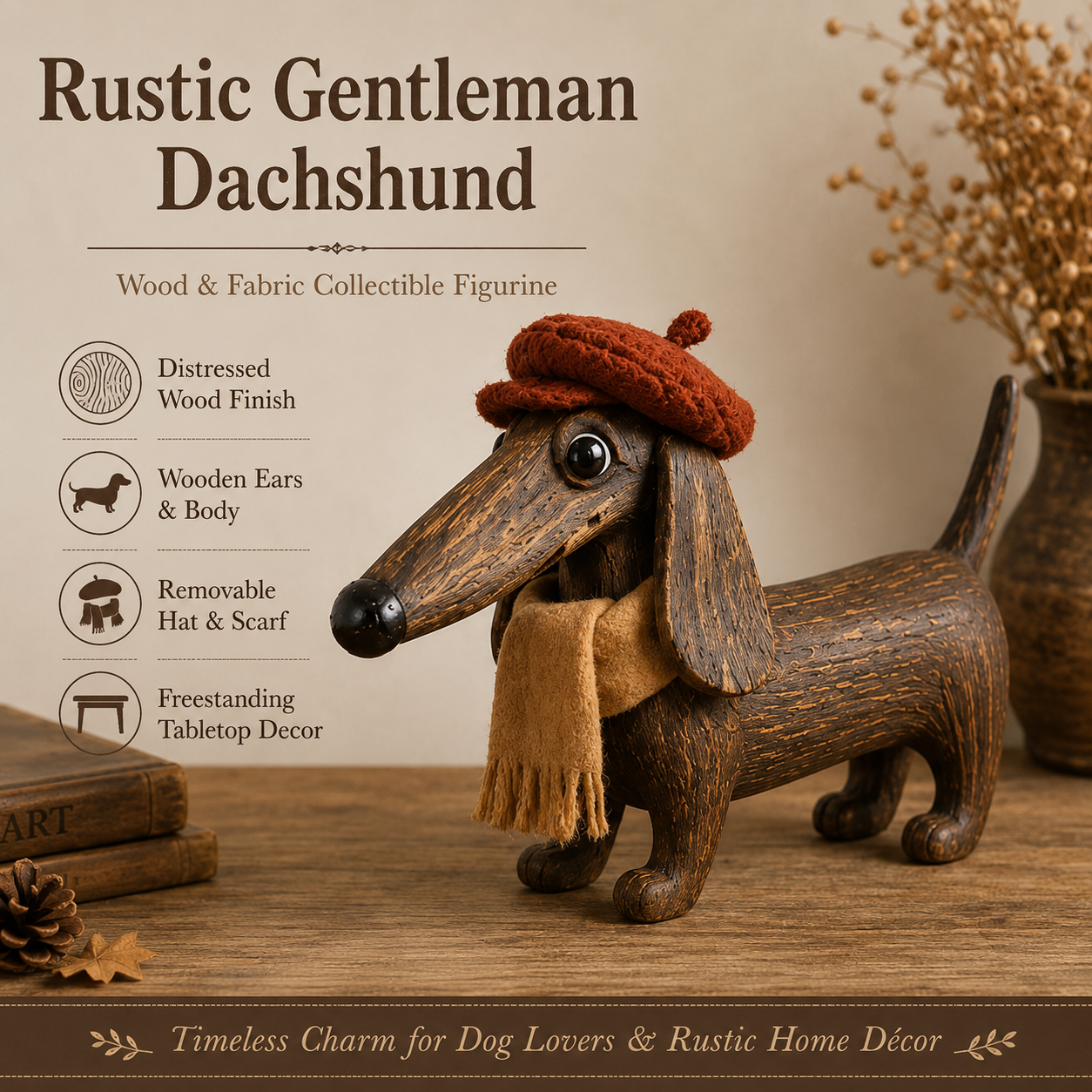 Rustic Gentleman Dachshund Wooden Figurine-HandPrint