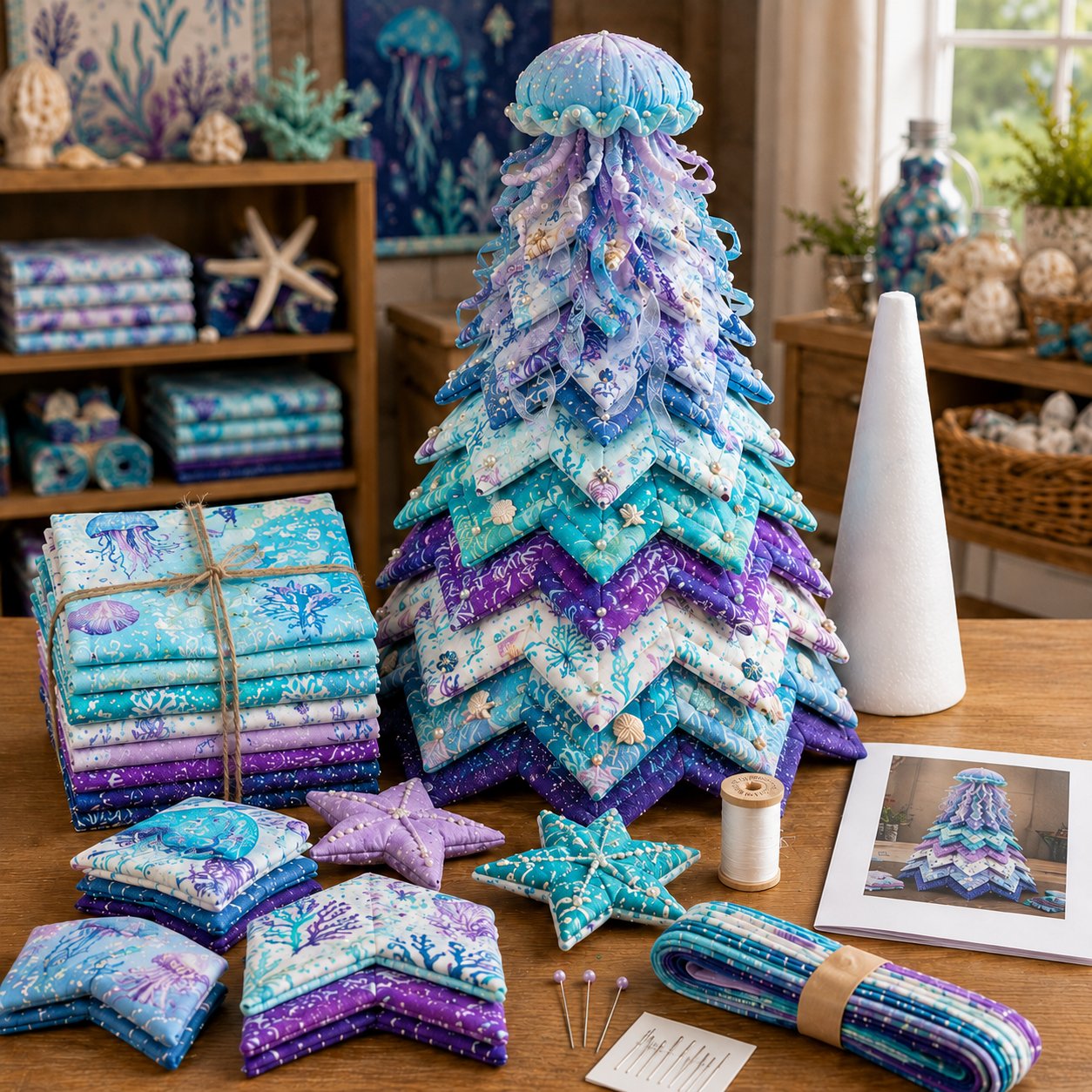 🌊 Ocean Dreams Layered Fabric Tree Craft Kit | Create a Freestanding Coastal Centerpiece with Coordinated Fabrics & Marine Topper 🐚✨-HandPrint