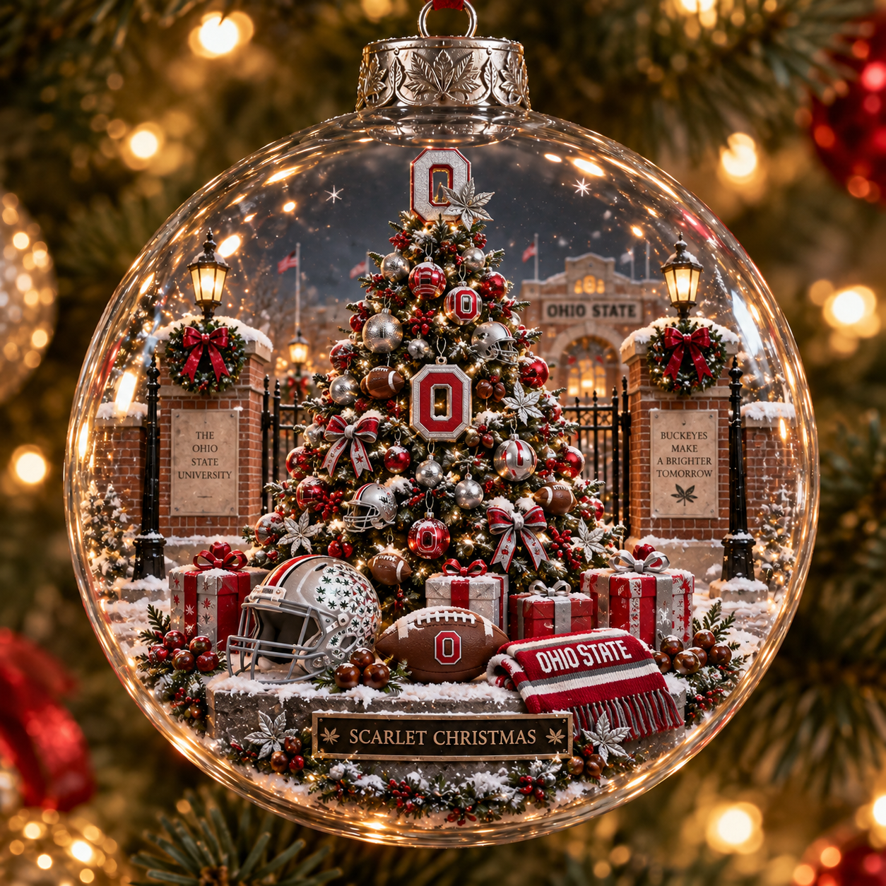 🎄 Scarlet & Gray Forever — Light-Up College Football Diorama Ornament-HandPrint