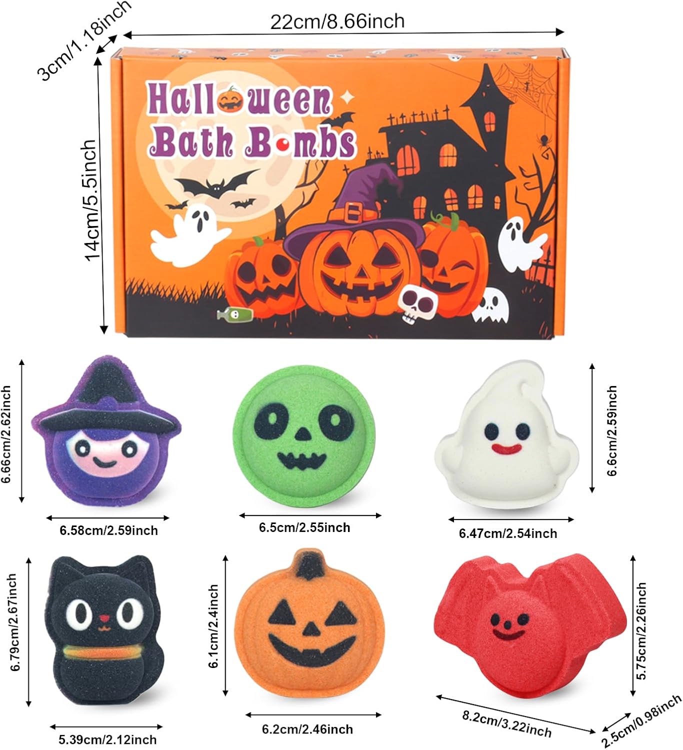 Halloween Bath Bomb Gift Set - 6-Piece Scary Cute Kids Bath Bomb Gift Box, Includes Witch, Bat, Black Cat, Skull, Ghost and Pumpkin Bubble Spa Balls-HandPrint