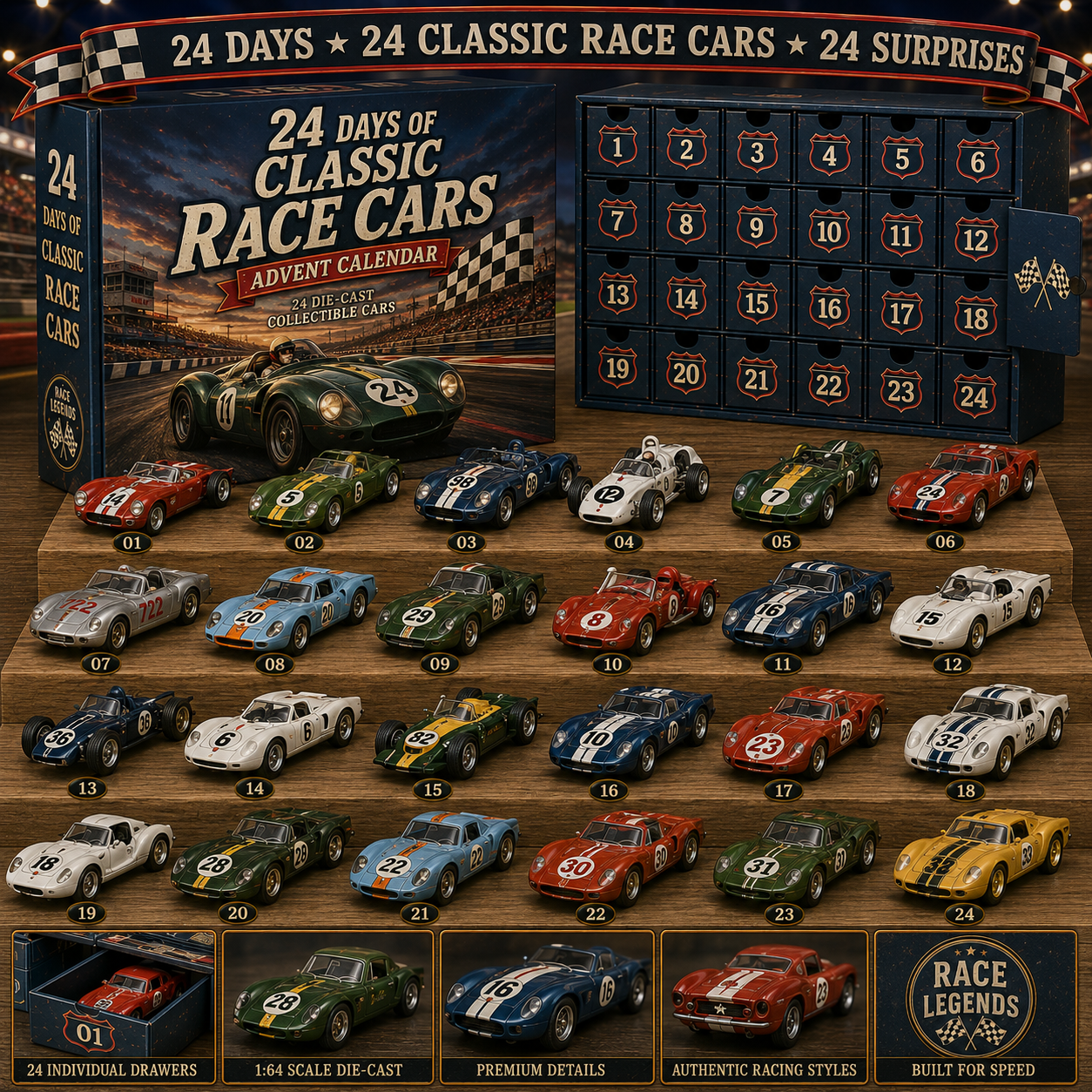 24 Days of American Car Legends Advent Calendar – 24 Die-Cast Collectibles-HandPrint