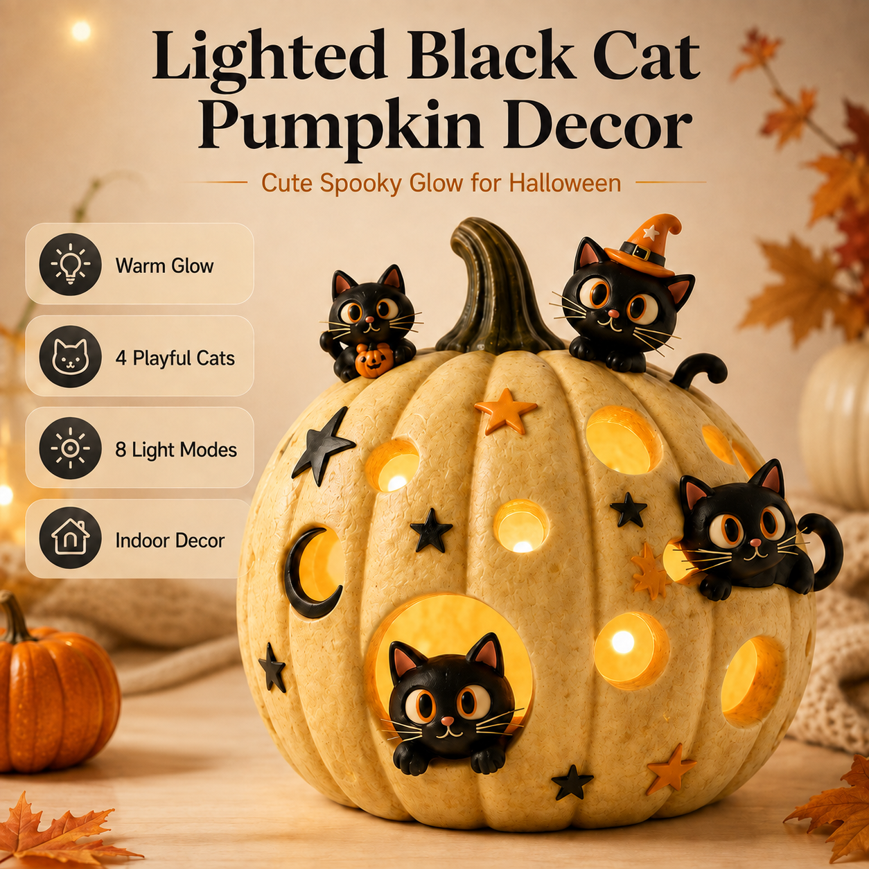 Lighted Black Cat Pumpkin Halloween Decor-HandPrint