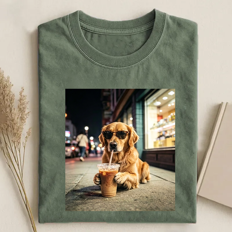 Golden Retriever Drinking Iced Coffee T-shirt-NaturexCraft