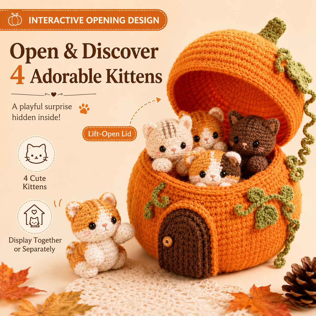 Crochet Pumpkin Cat House with 4 Kittens – Cute Fall & Halloween Home Decor, Cozy Cat Lover Gift 🐱🍂-HandPrint