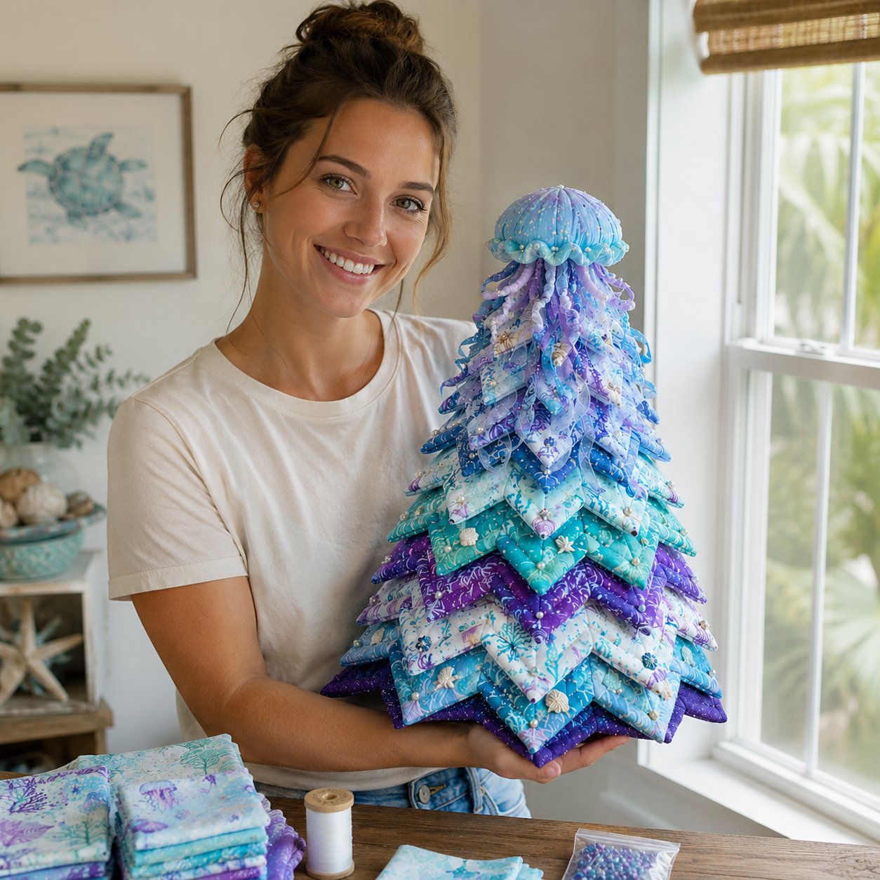 🌊 Ocean Dreams Layered Fabric Tree Craft Kit | Create a Freestanding Coastal Centerpiece with Coordinated Fabrics & Marine Topper 🐚✨-HandPrint
