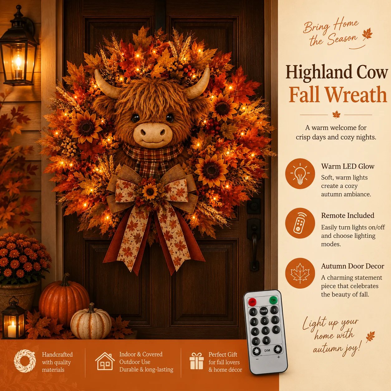 🍂🐮Autumn Highland cow wreath decoration with lights-HandPrint