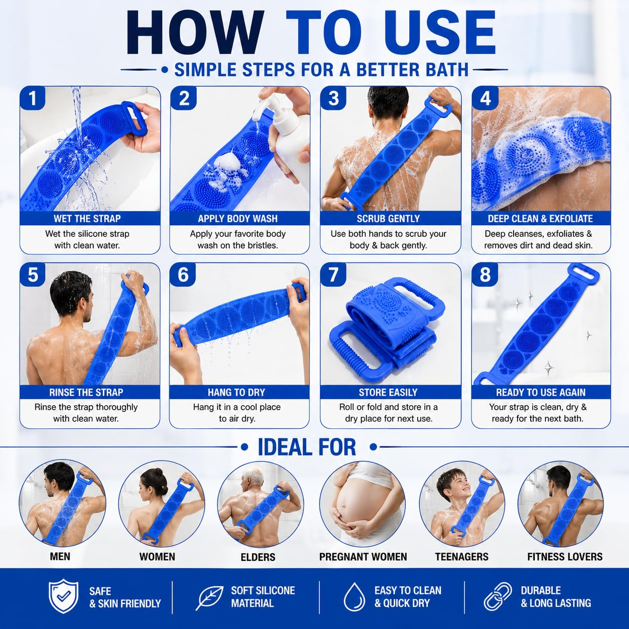 🧼Silicone Back Scrubber for Bath, Double-Sided Body Exfoliating Bath Brush with Soft Silicone Bristles-HandPrint