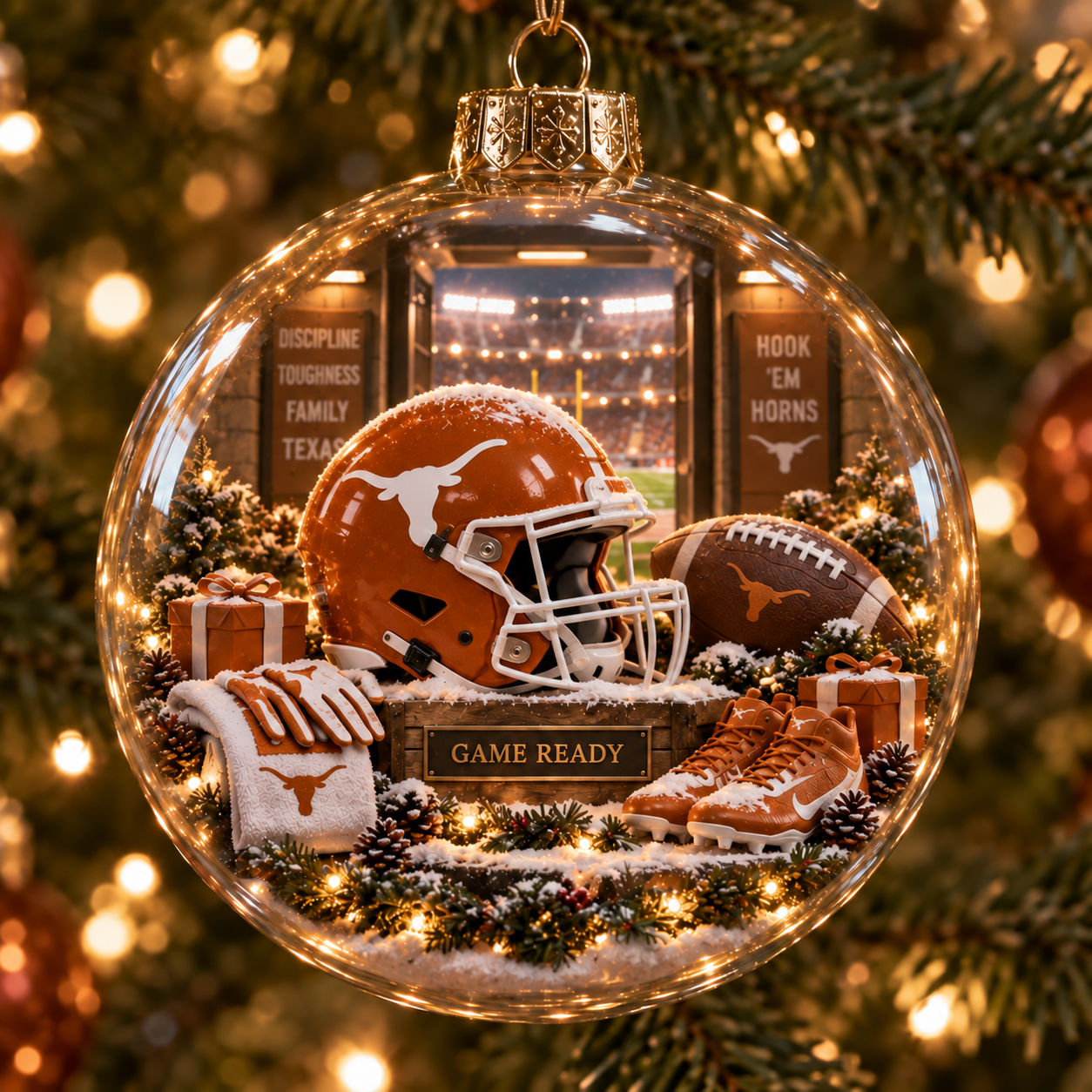 🏈🎄 Hook ’Em – Light-Up College Football Heritage Christmas Ornament-HandPrint