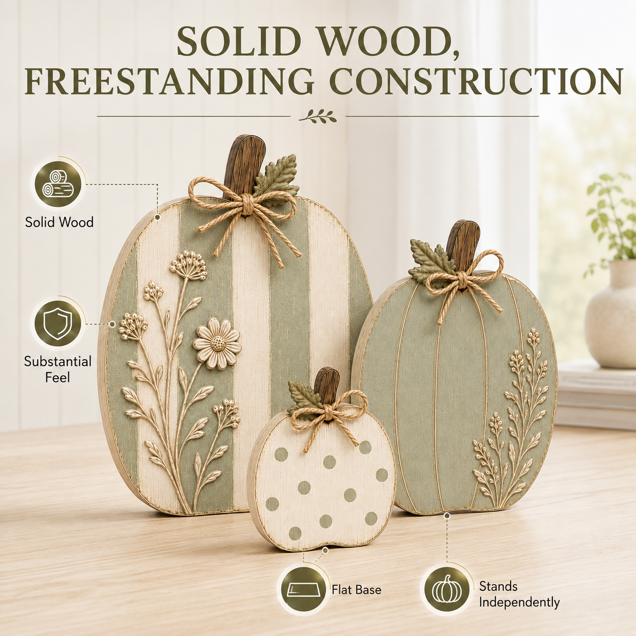 Sage & Cream Raised Wildflower Solid Wood Pumpkin Trio-HandPrint