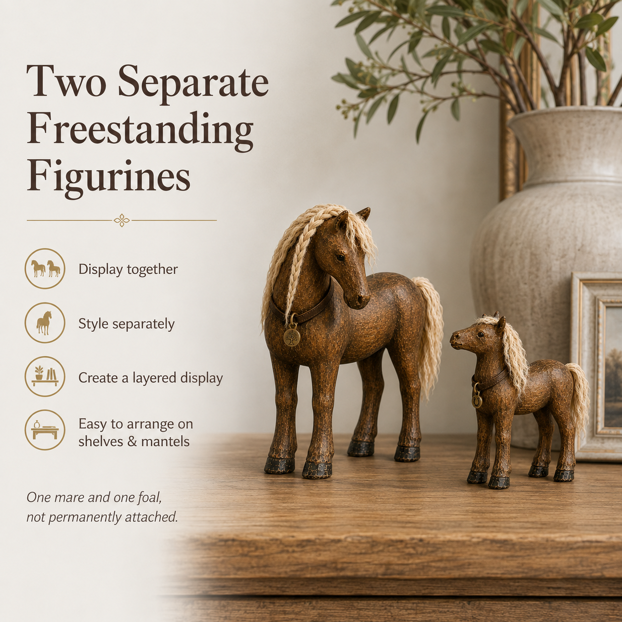 Vintage Mother & Foal Solid Wood Horse Figurine-HandPrint