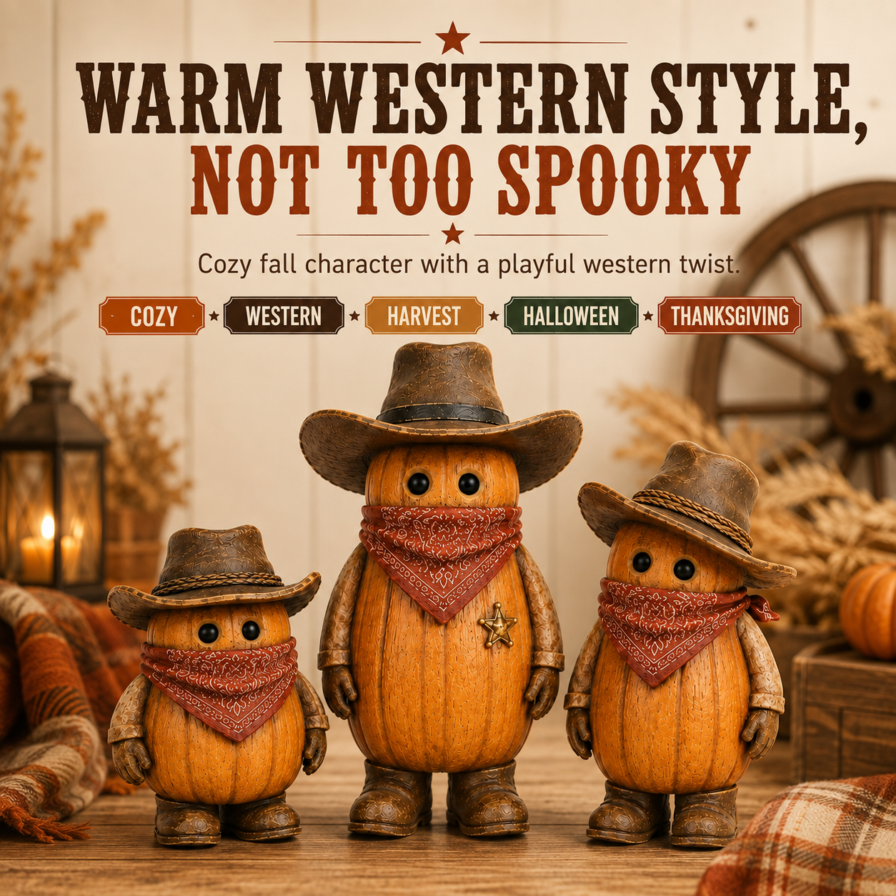 The Pumpkin Posse – Vintage Western Pumpkin Cowboy Figurines, Set of 3-HandPrint