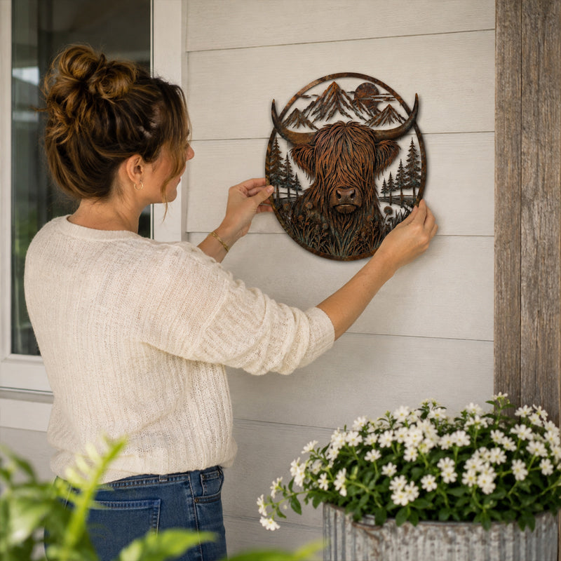 Highland Cow Mountain Scene Metal Wall-HandPrint