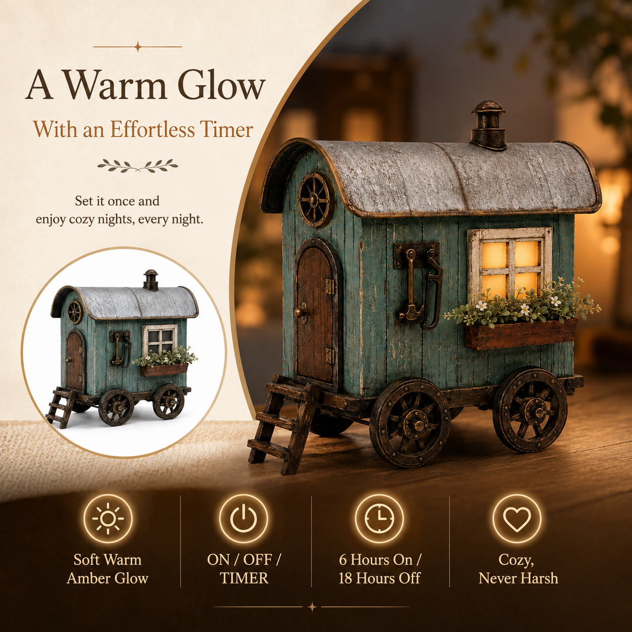 The Wandering Cottage – Lighted Solid Wood Vintage Traveling Cottage Decor-HandPrint