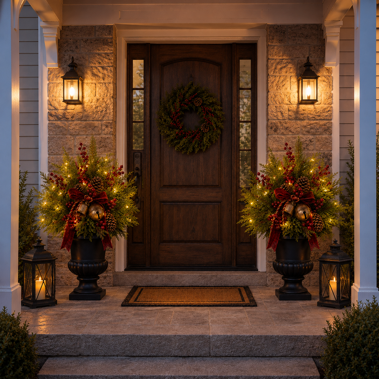 24-Inch Pre-Lit Artificial Christmas Evergreen Urn Filler with Berries, Pinecones & Vintage Bells-HandPrint