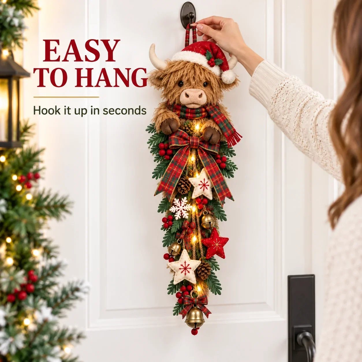 🎄🐮 Lighted Highland Cow Christmas Door Swag – A Cozy Holiday Welcome-HandPrint