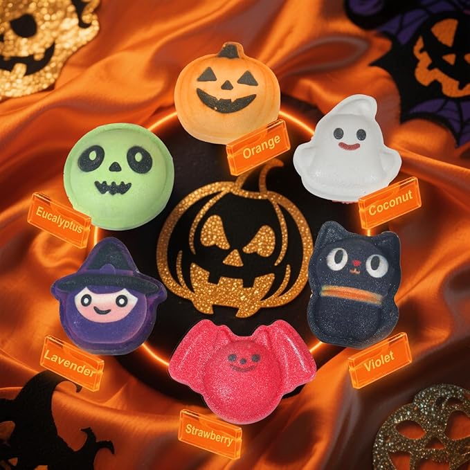 Halloween Bath Bomb Gift Set - 6-Piece Scary Cute Kids Bath Bomb Gift Box, Includes Witch, Bat, Black Cat, Skull, Ghost and Pumpkin Bubble Spa Balls-HandPrint