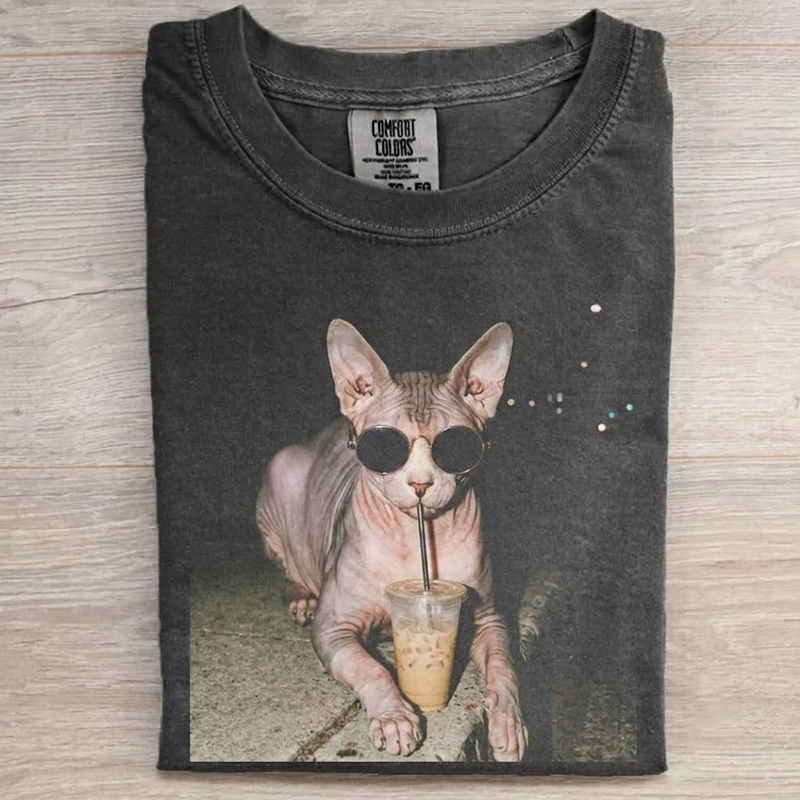 Sphynx Drinking Iced Coffee Unisex T-shirt-NaturexCraft