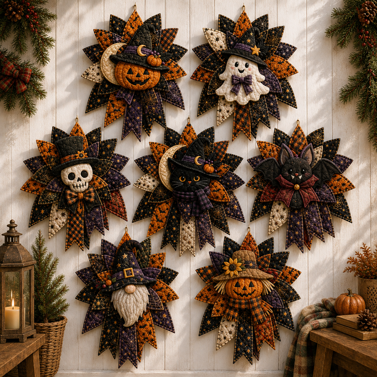 ⏳ Last Day 49% OFF – 🎃 Halloween Quilted Door Wreath | Pumpkin, Ghost, Black Cat, Bat & Witch Gnome Hanging Decoration for Front Door & Fall Home Décor 👻-HandPrint