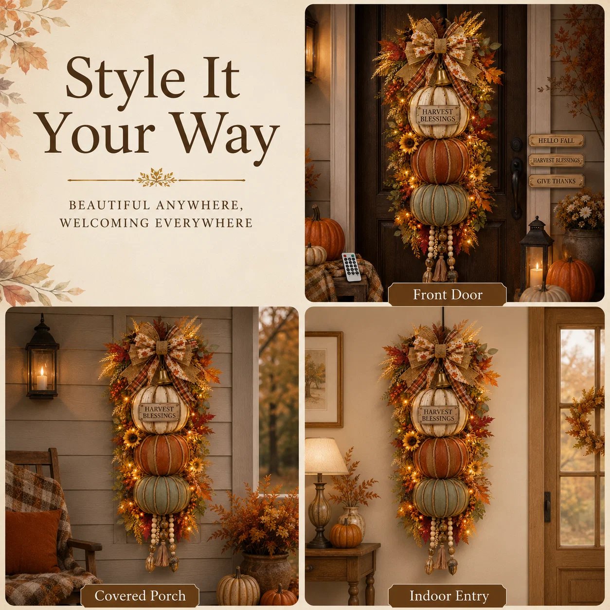 🏡🎃Lighted Stacked Pumpkin Fall Door Decor with 3 Seasonal Plaques-HandPrint