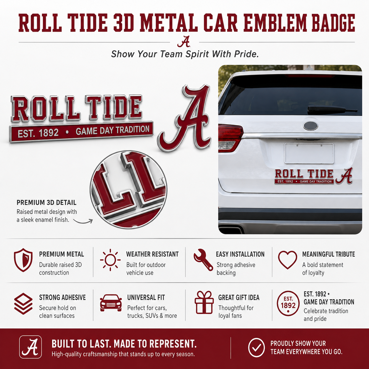 🔴 ROLL TIDE 3D Metal Car Emblem Badge-HandPrint