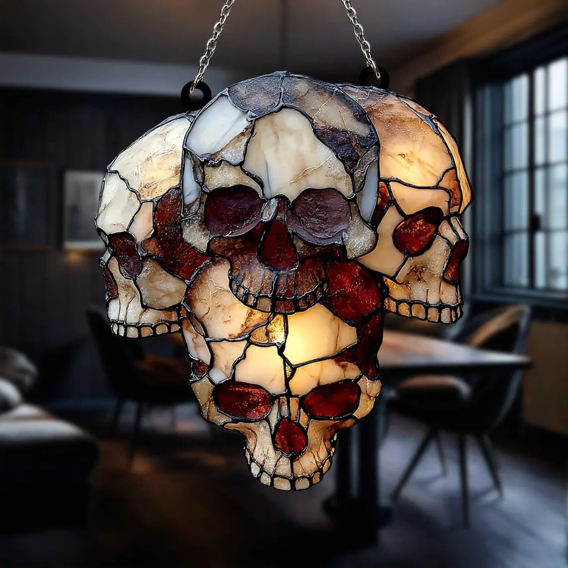 💀 Gothic Skull Cluster Suncatcher – Faux Stained Glass Halloween Decor with Horror Skull-HandPrint