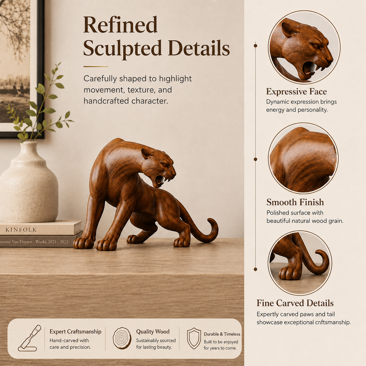 🐆 Wooden Panther Sculpture-HandPrint
