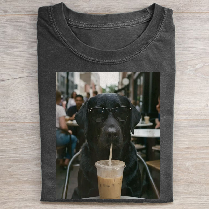 Funny Black Labrador Drinking Iced Coffee T-shirt-NaturexCraft