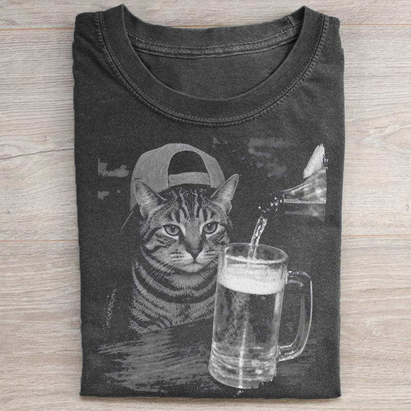 Tabby Cat Drinking Beer T-shirt-NaturexCraft