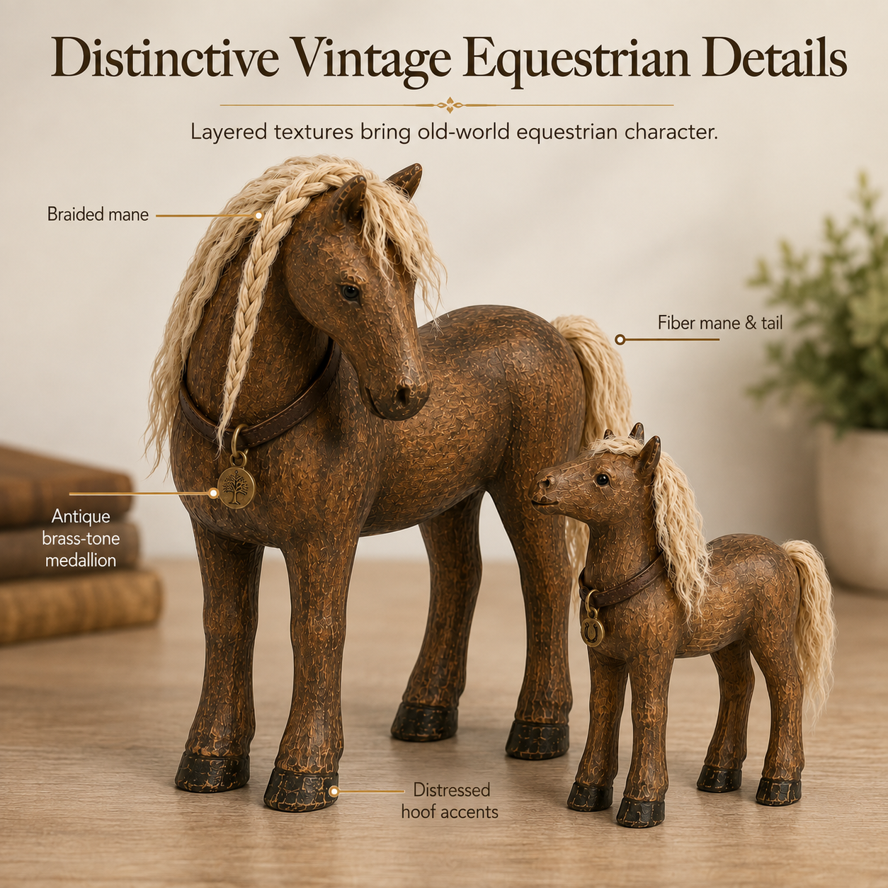Vintage Mother & Foal Solid Wood Horse Figurine-HandPrint