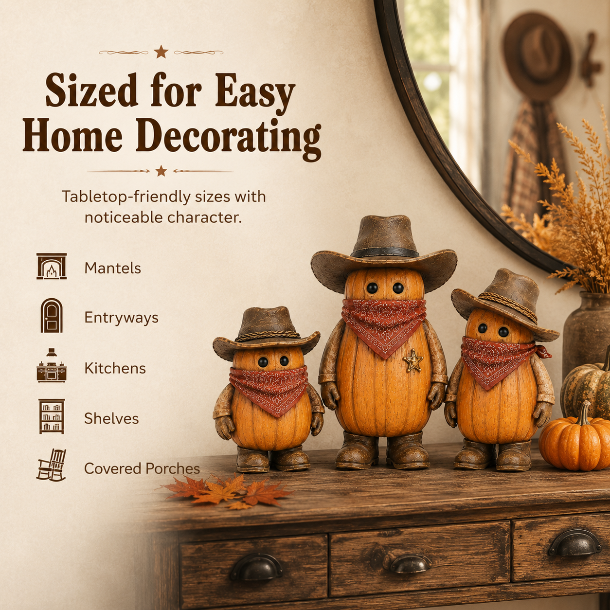The Pumpkin Posse – Vintage Western Pumpkin Cowboy Figurines, Set of 3-HandPrint