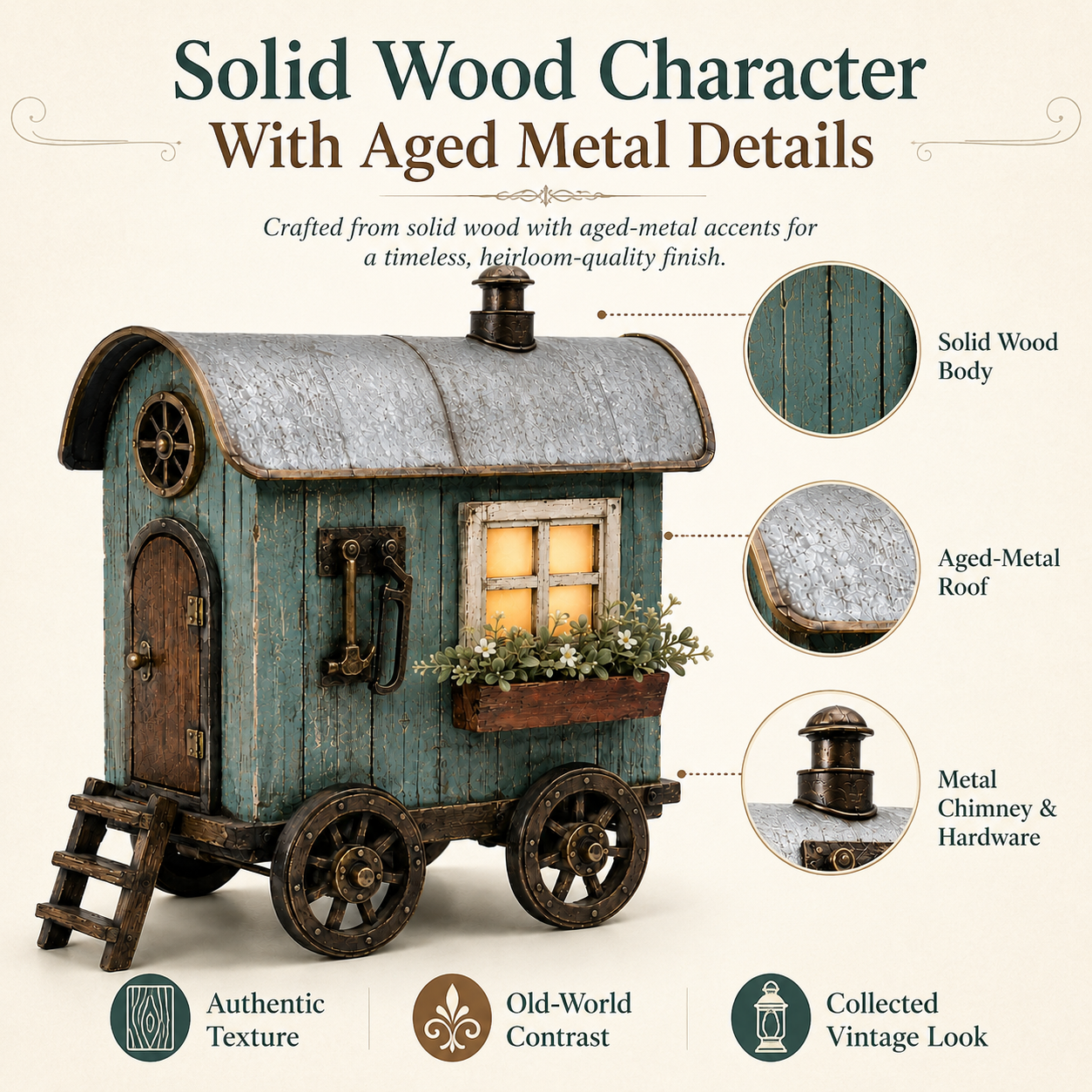 The Wandering Cottage – Lighted Solid Wood Vintage Traveling Cottage Decor-HandPrint